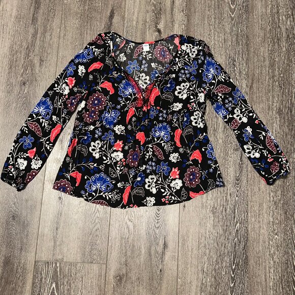 Old Navy Tops - Old Navy Women’s Medium Black Floral V-Neck Long Sleeve Blouse Top Colorful